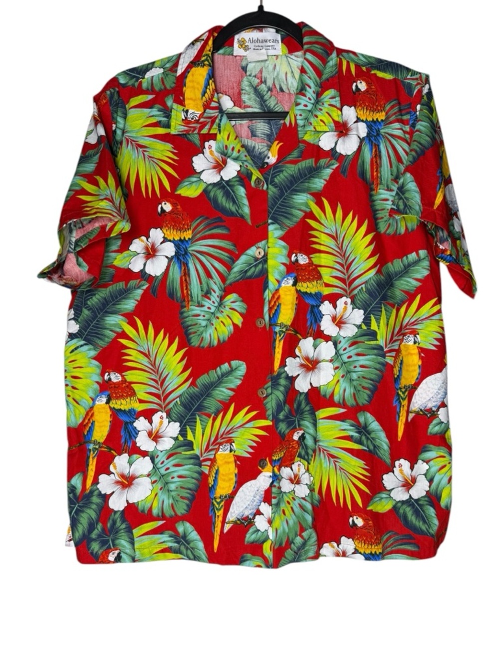 Alohawears Hawaiian Shirt Women Large Red Parrot Floral Tropical Camp Resort USA